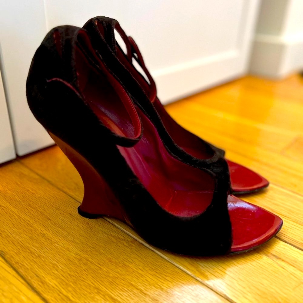 Black and Red Wedge Peep-Toe Heels